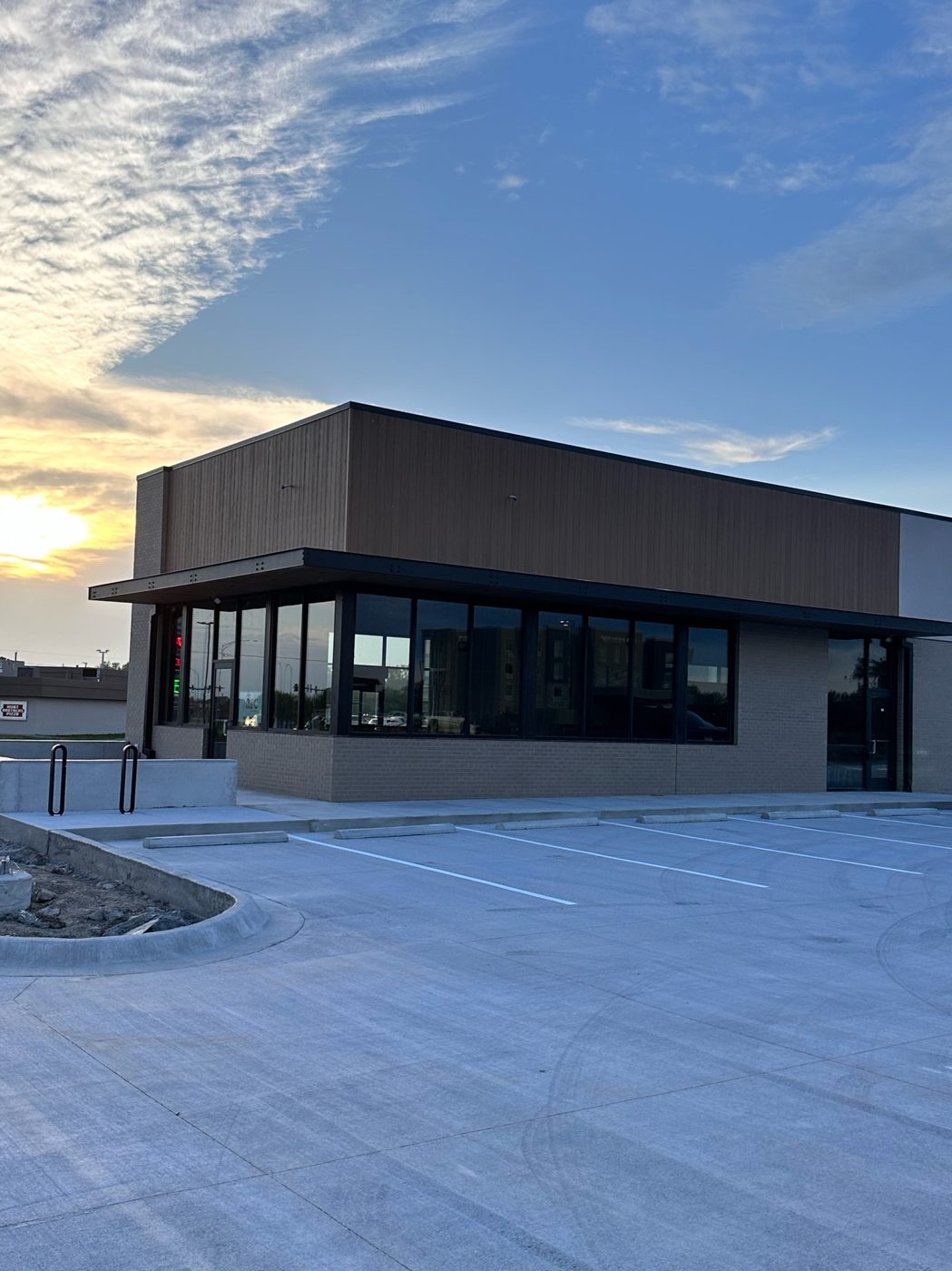 Commercial exterior at sunset